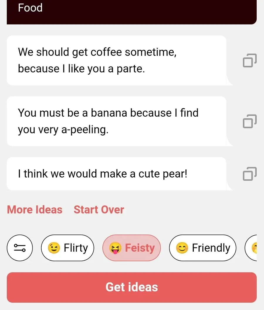 Screenshot of YourMove AI's Chat Assistant showing three generated pick up lines