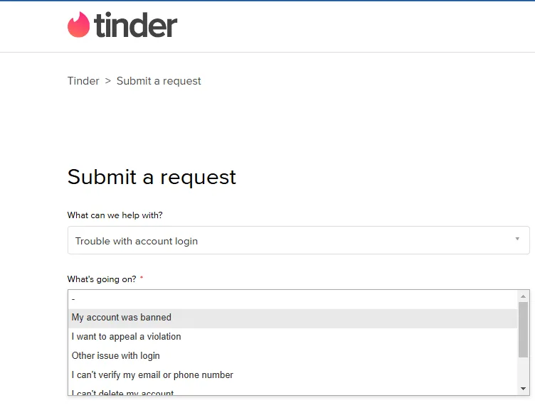 Cómo apelar un baneo de Tinder en la página de soporte de Tinder