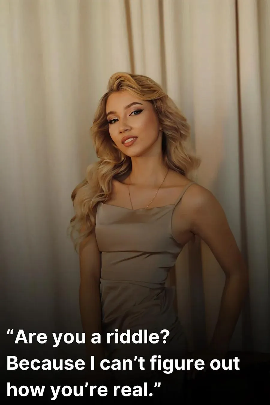 Woman in a dress smiling after hearing a corny Tinder pick up line.