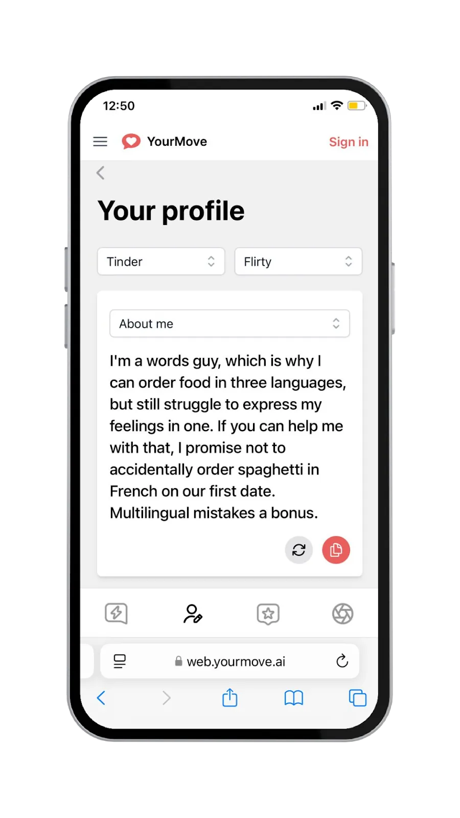 Ein Screenshot der Benutzeroberfläche des kostenlosen Tinder-Bio-Generator-Tools von YourMove AI.