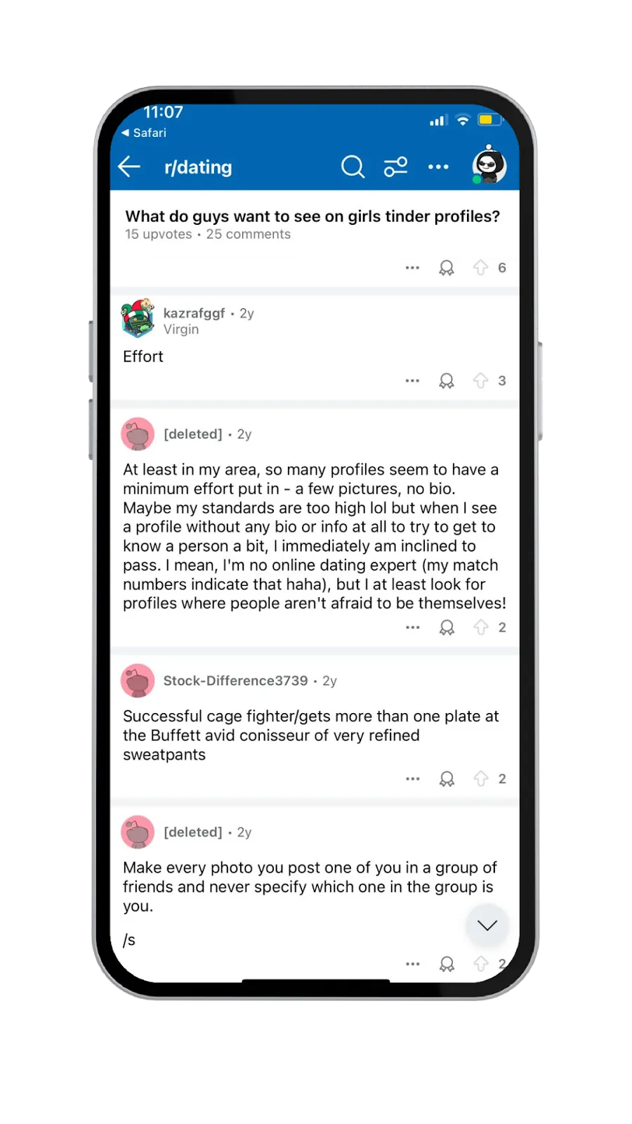 Ein Screenshot, der das Statement eines männlichen Reddit-Nutzers zur Bedeutung der Tinder Bios von Frauen zeigt.