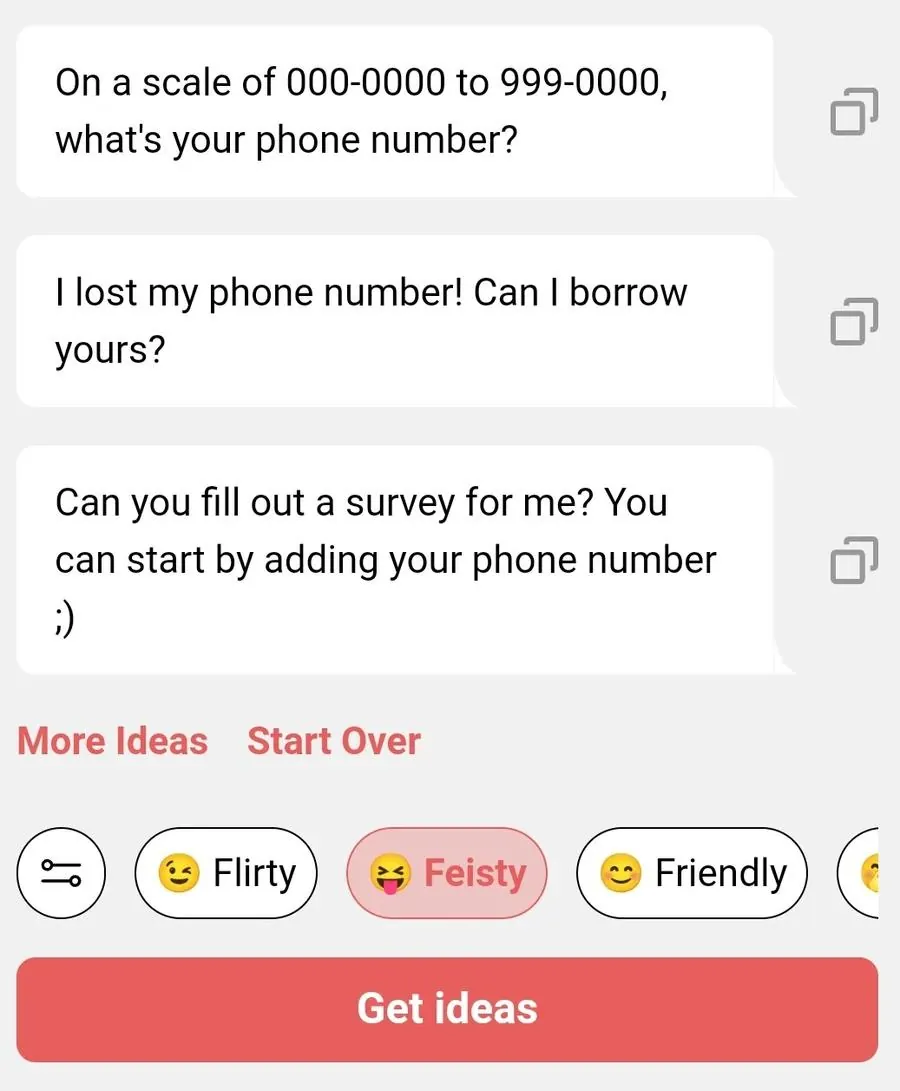 Screenshot des Chat Assistant von YourMove AI mit drei Rizz-Sprüchen zum Thema "phone number"