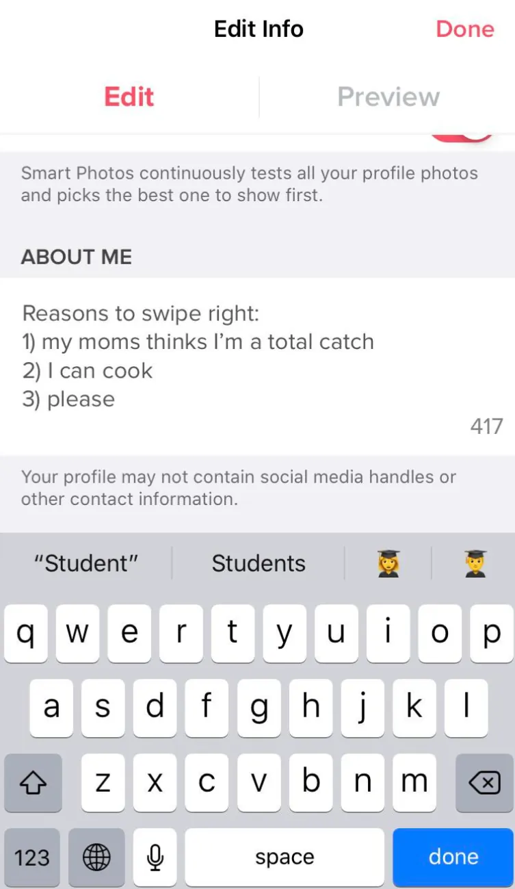 A Tinder user’s funny bio.