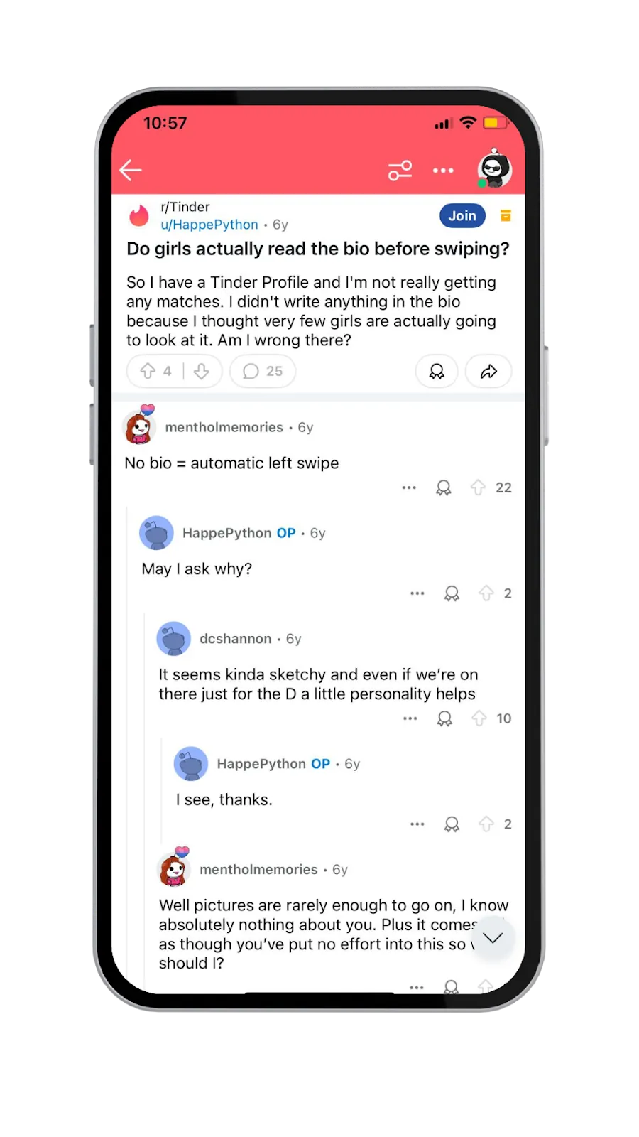 A screenshot showing a female Reddit user’s testimonial on the importance of men’s Tinder bios