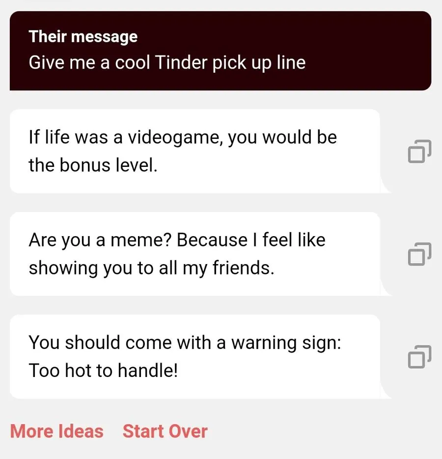 Screenshot of YourMove AI's Chat Assistant's interface showing three suggested Tinder pick up lines.