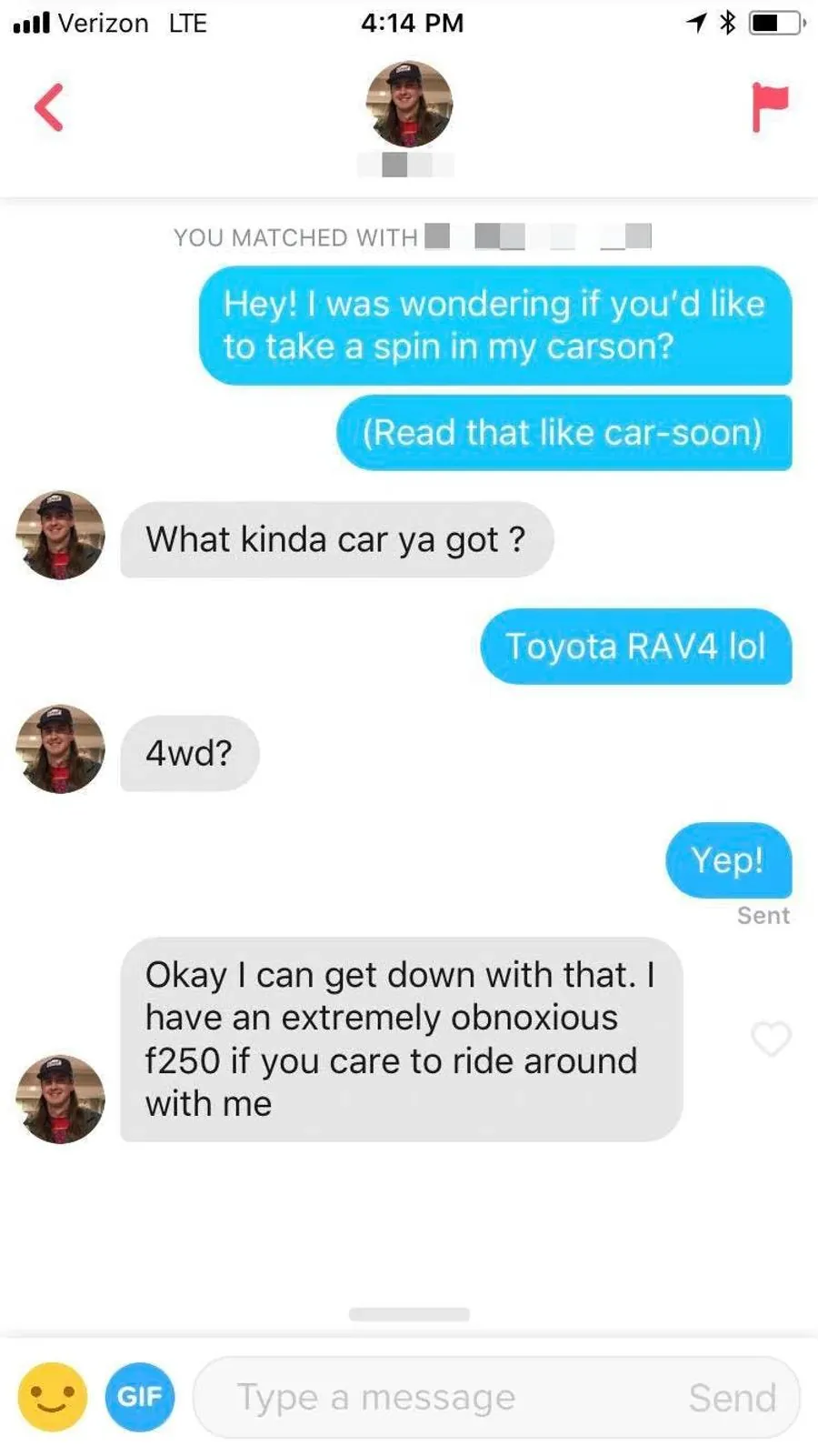 Screenshot of someone using a flirty question to start a conversation on Tinder