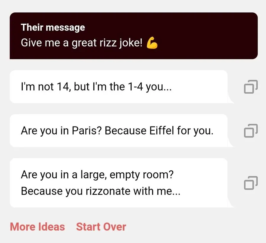 screenshot of rizz jokes generated by yourmove ai's chat assistant