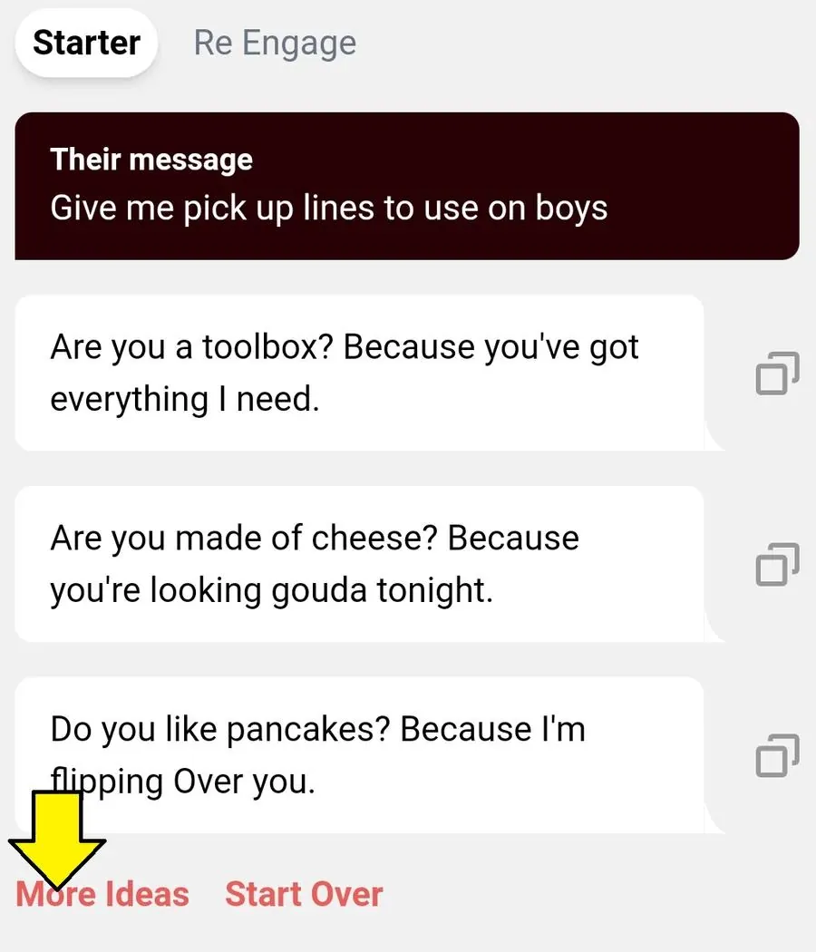 Screenshot showing three pick up lines for girls generated by YourMove AI's Chat Assistant