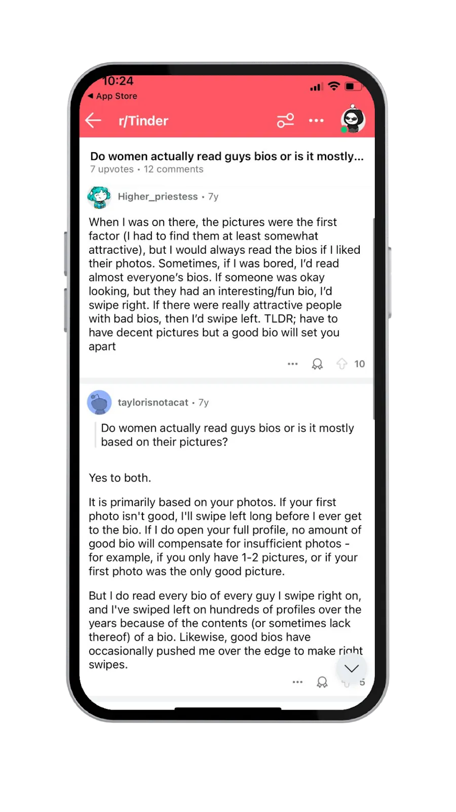 A screenshot showing two female Reddit users’ testimonials on the importance of men’s Tinder bios