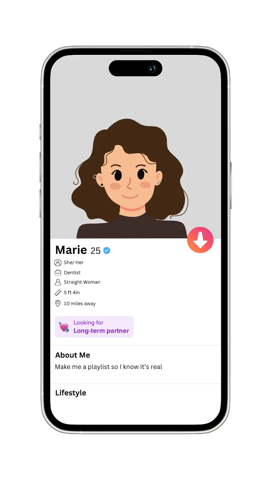 A Tinder profile mockup with a playful bio to attract serious relationships.