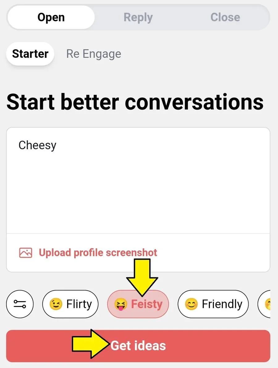 Screenshot des Chat Assistant von YourMove AI, der zeigt, was du tun musst, um kitschige Anmachsprüche zu generieren
