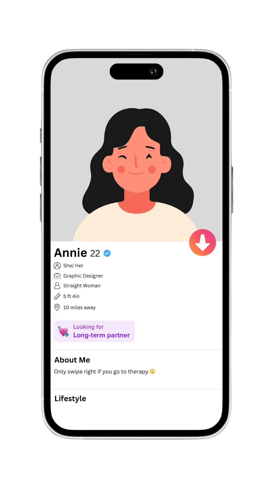 A Tinder profile mockup with a funny and witty bio to attract serious matches.