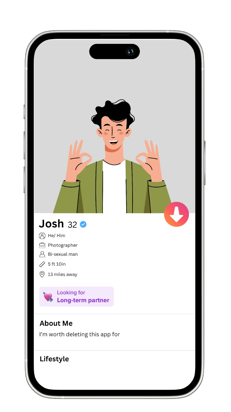 A Tinder profile mockup with a flirty bio to attract long-term partners.