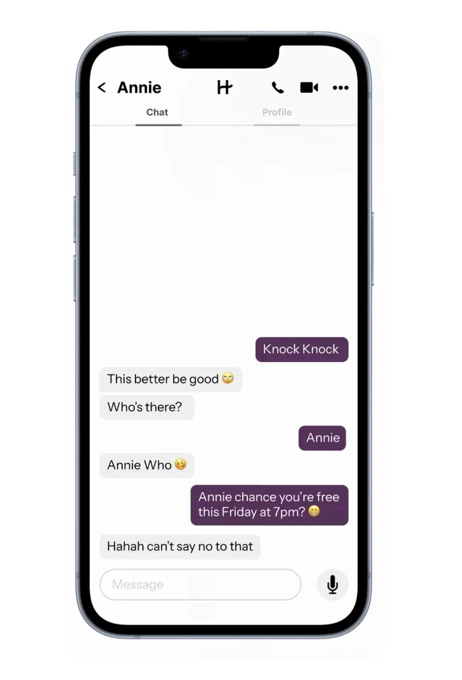 A Hinge chat mockup showing how to use a funny opener successfully 