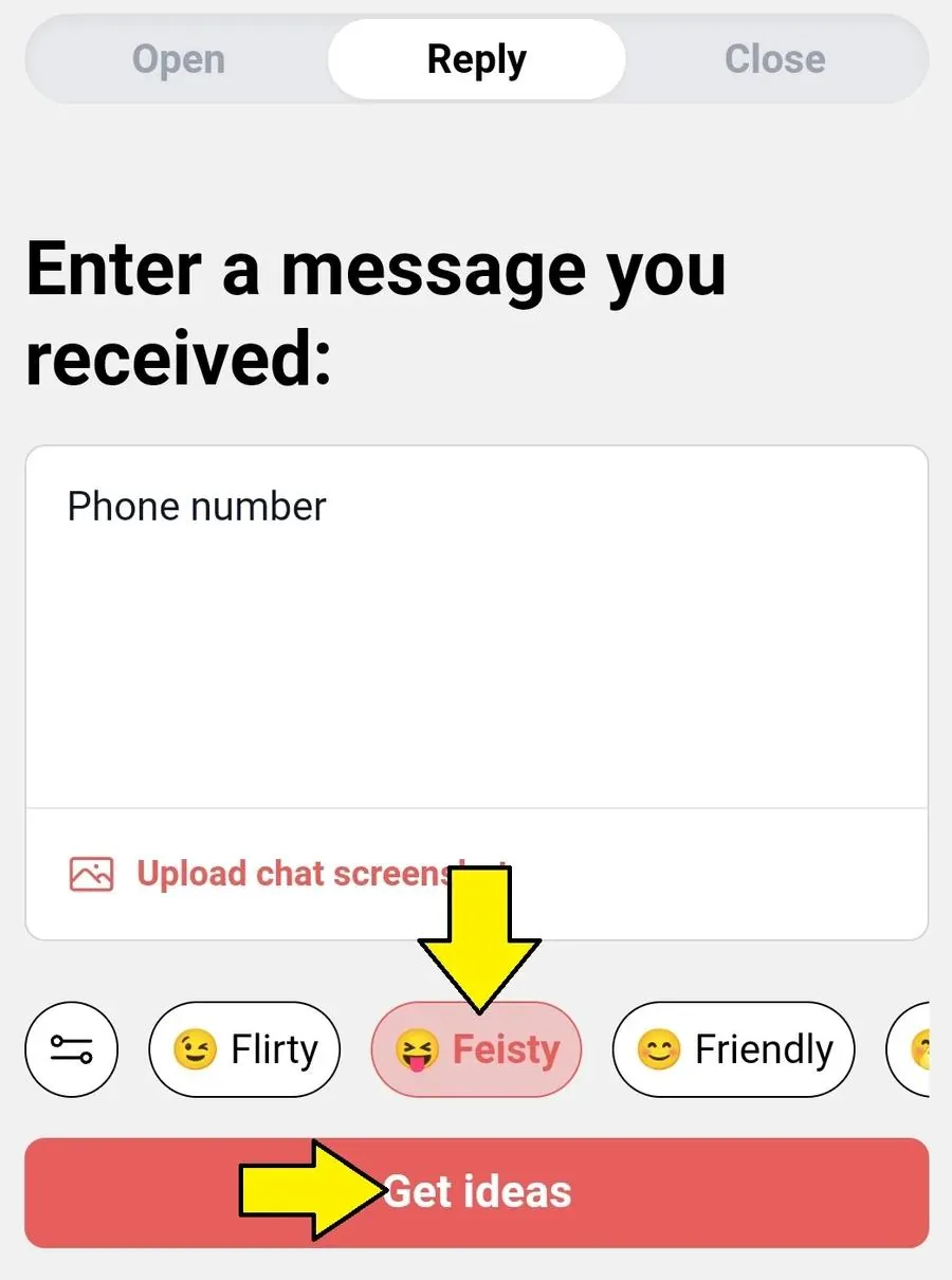 Screenshot des Chat Assistant von YourMove AI mit hervorgehobenen Feisty- und Get-Ideas-Buttons