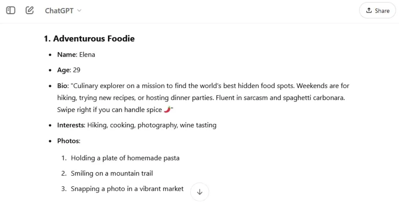 Screenshot of fake Tinder profile generated by ChatGPT