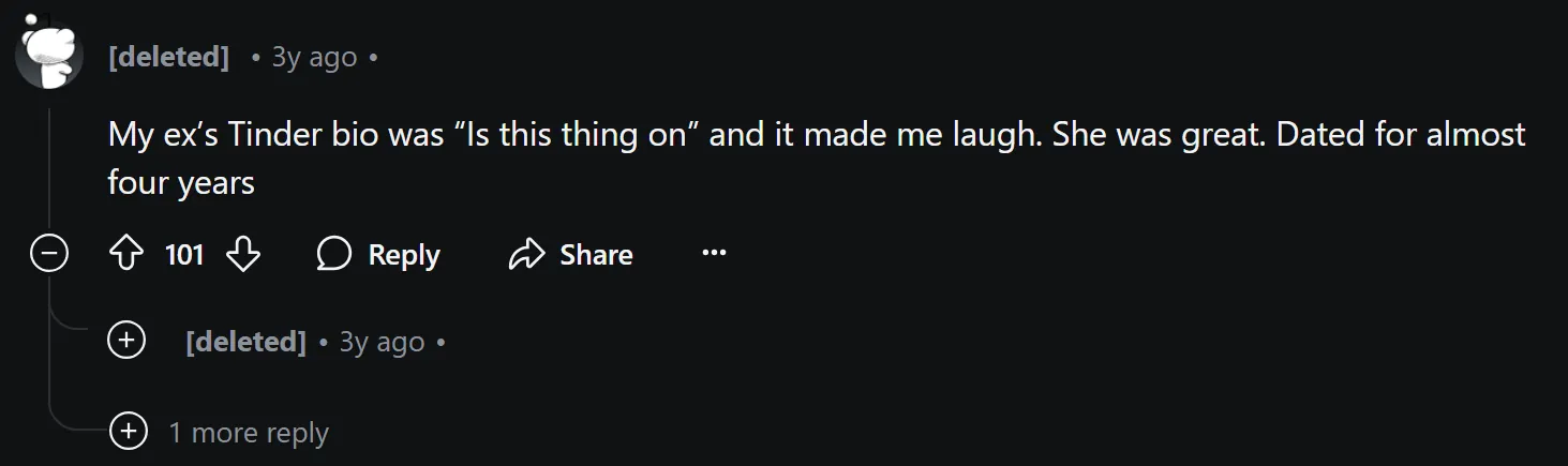 A Reddit user sharing a funny Tinder bio they came across.