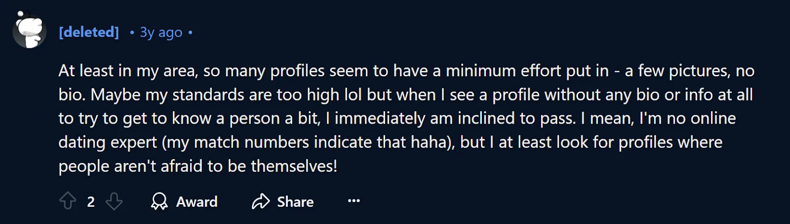 A Reddit user’s preference for high-effort and authentic bios on women’s Tinder profiles. 