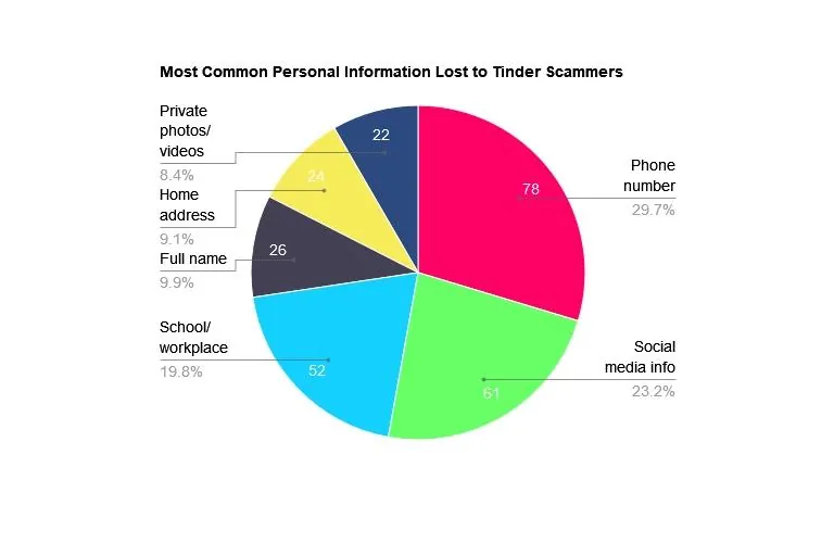 Pie chart showcasing the most common types of personal information lost to Tinder scammers