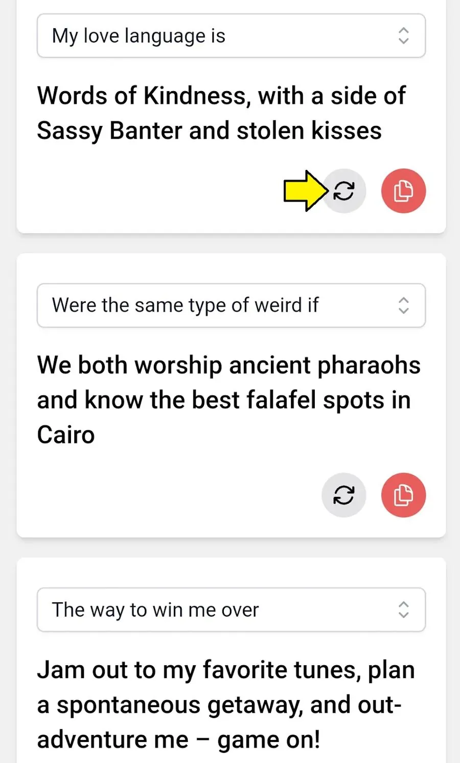 Captura del Profile Writer de YourMove AI con prompts de Hinge sugeridos y sus respectivas respuestas