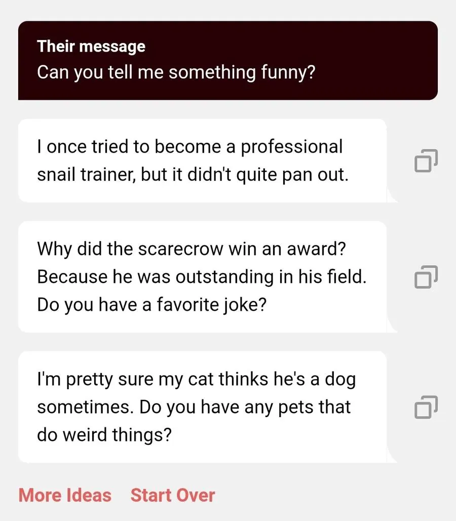 lustige hinge-nachrichten generiert vom yourmove chat assistant