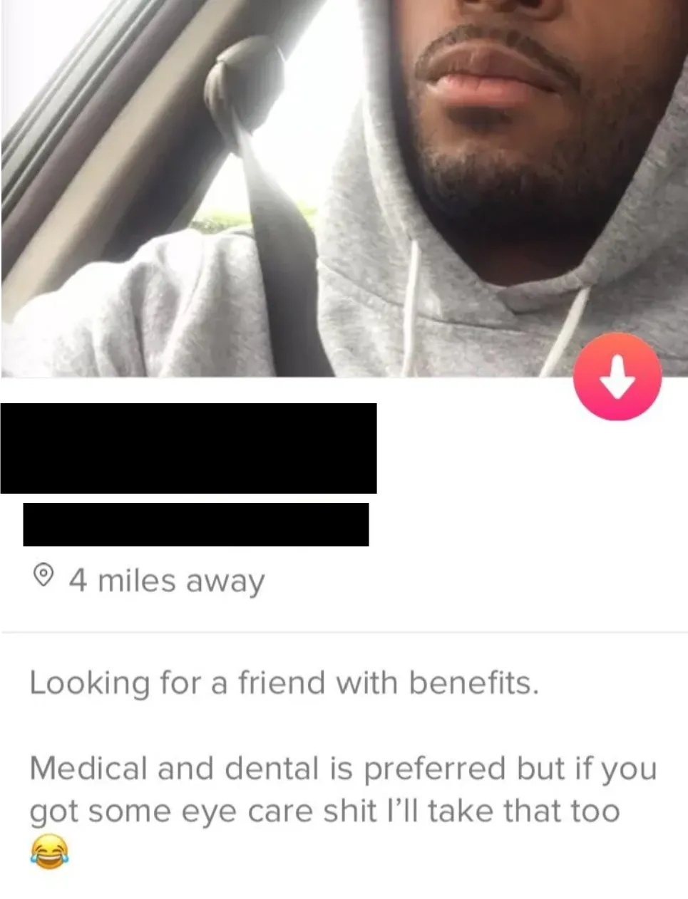 A Tinder profile with a funny bio. 