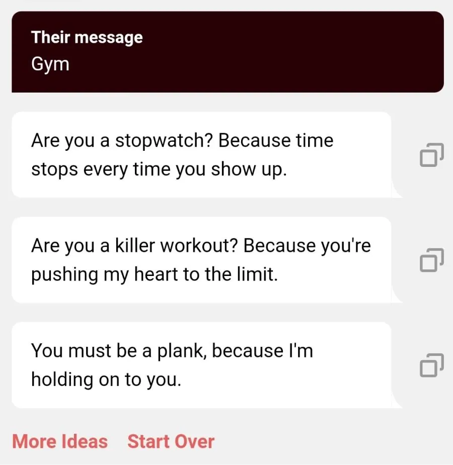 Screenshot von Anmachsprüchen fürs Fitnessstudio, die der Chat Assistant von YourMove generiert hat