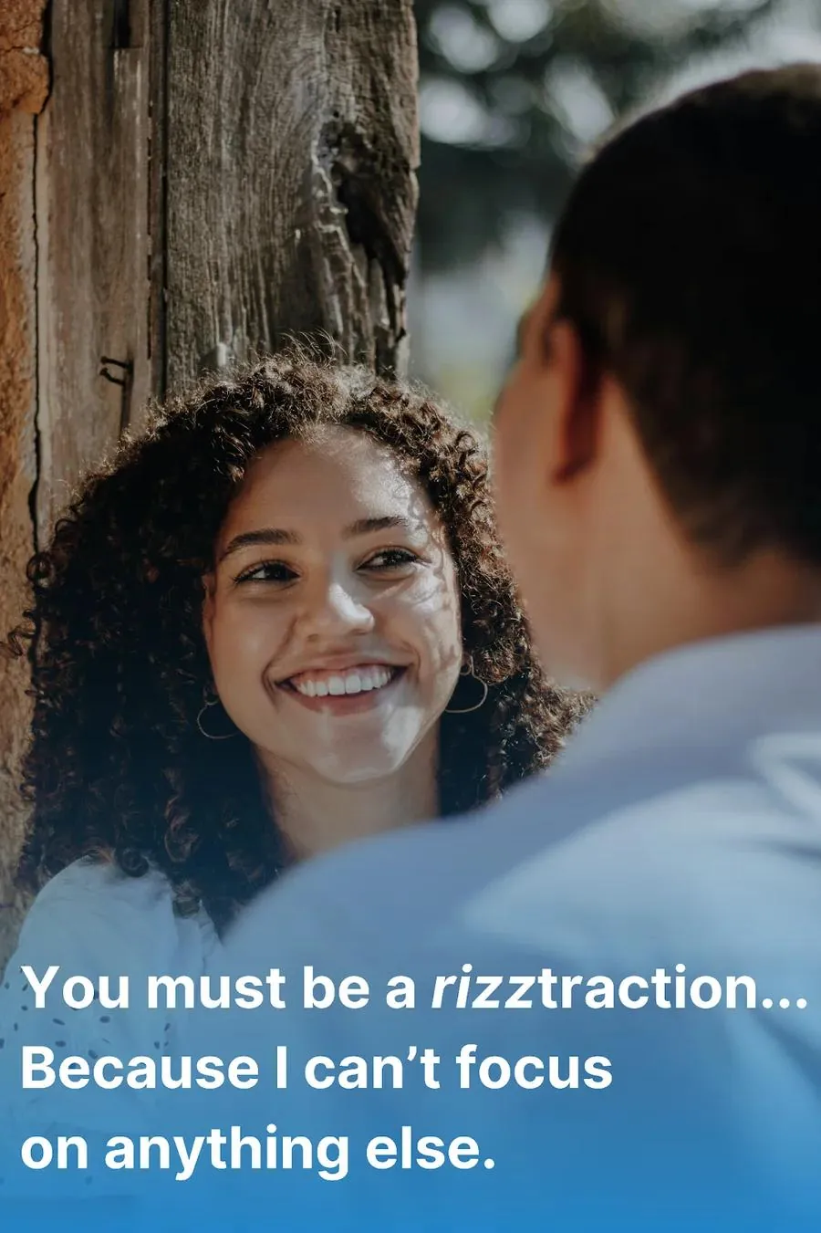 A couple exchanging smiles, with one person about to drop a smooth rizz pun that makes the other laugh.