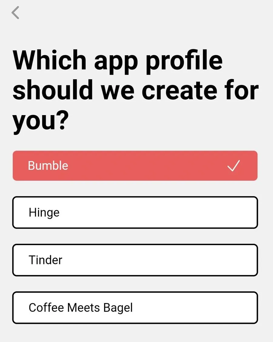 Screenshot des Profil-Generators von YourMove AI mit den verschiedenen vom Tool unterstützten Dating-Apps