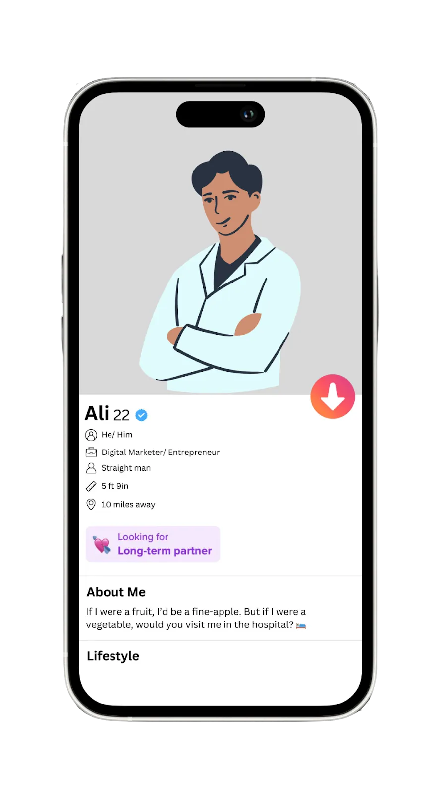 A mockup of a guy’s Tinder profile with a bio to attract a long-term partner.