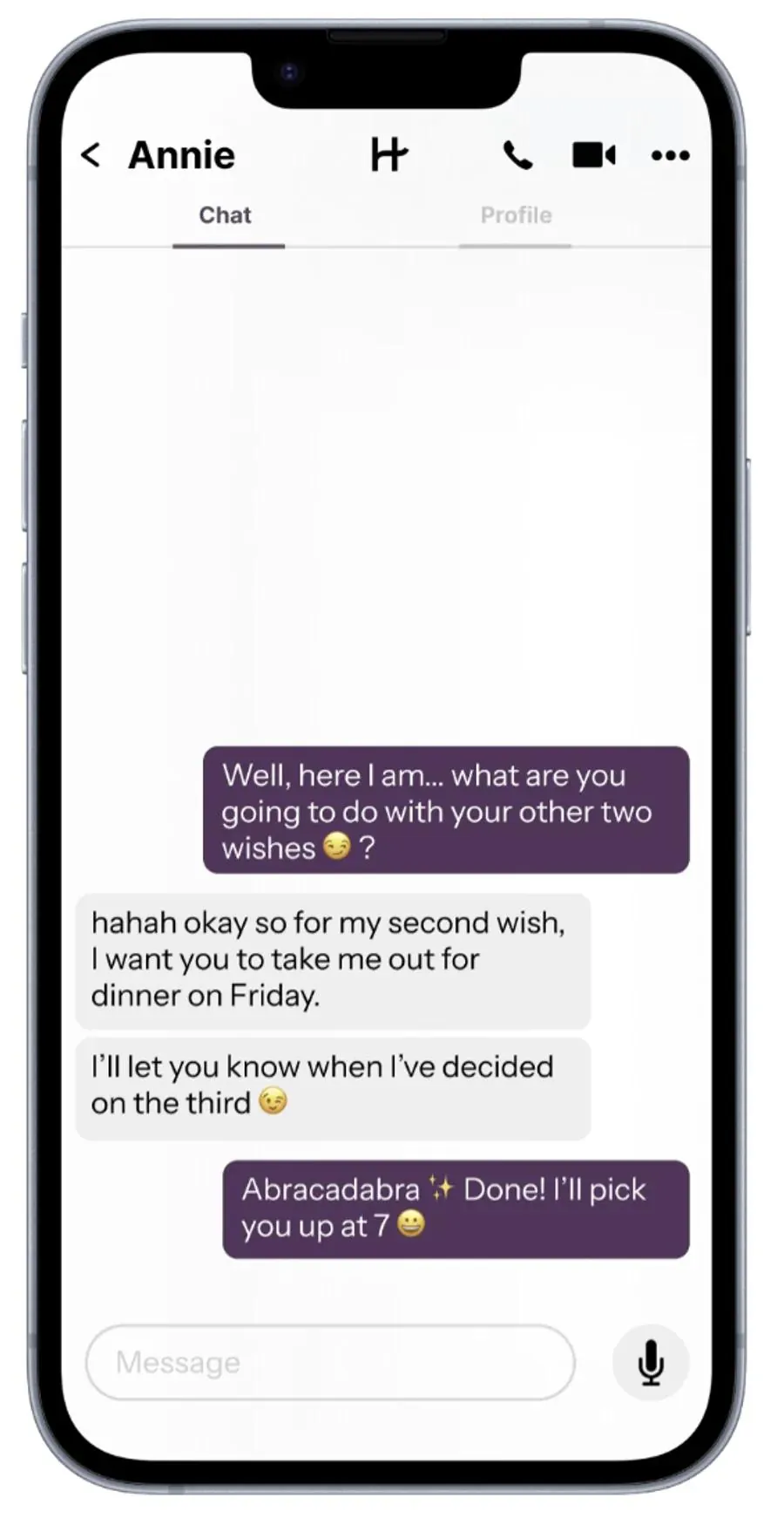 A Hinge chat mockup showing how to use a witty Hinge opener successfully.