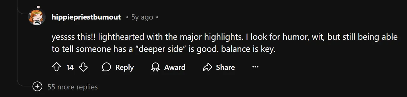 A Reddit user’s preference for funny and witty bios on men’s Tinder profiles.