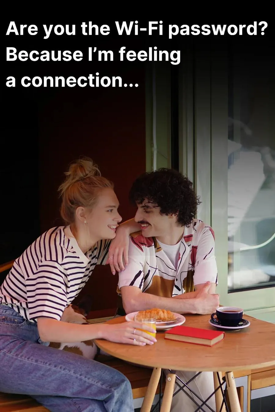 A couple enjoying each other’s company, sharing a funny rizz joke that sparks a smile.