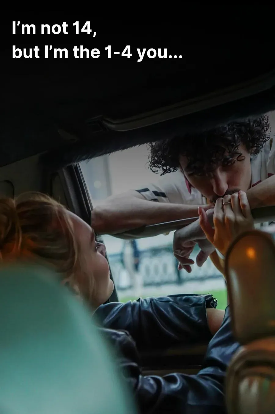 A couple sharing a fun moment together, playfully teasing each other with a great rizz joke.