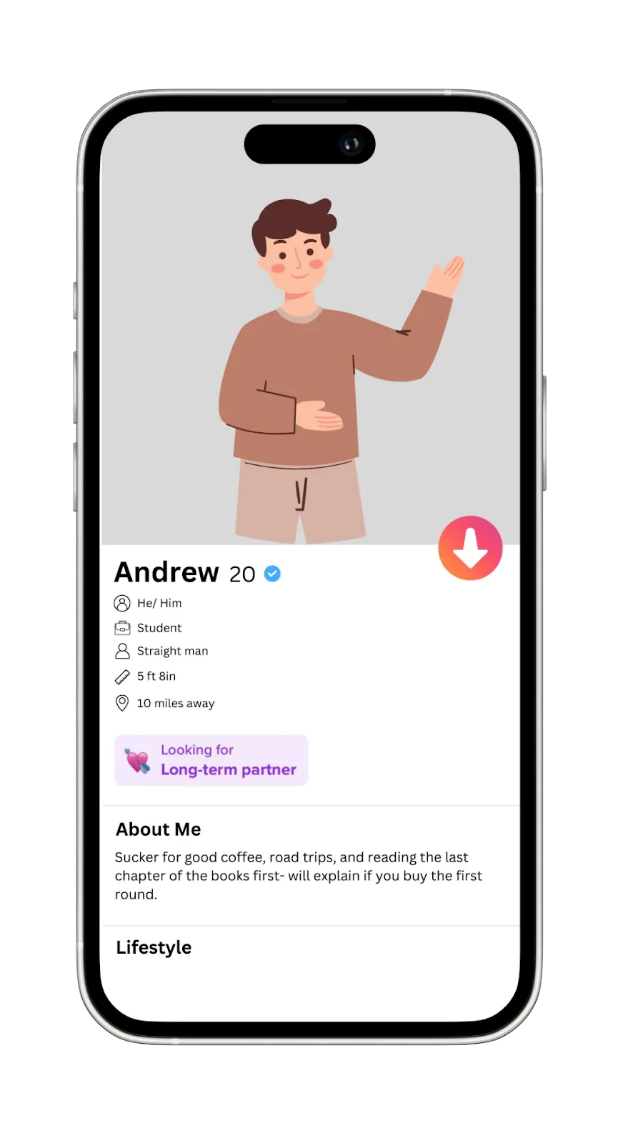 A Tinder profile mockup with an interest-based bio to attract long-term partners.