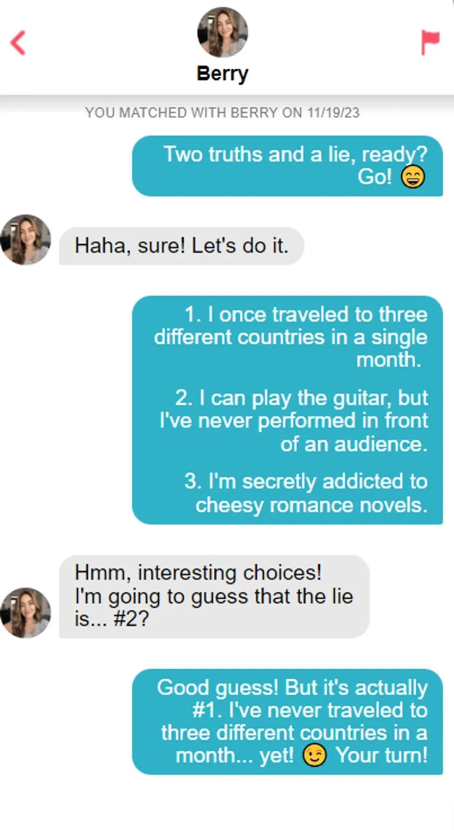 Tinder Openers Example: Two Truths and a Lie
