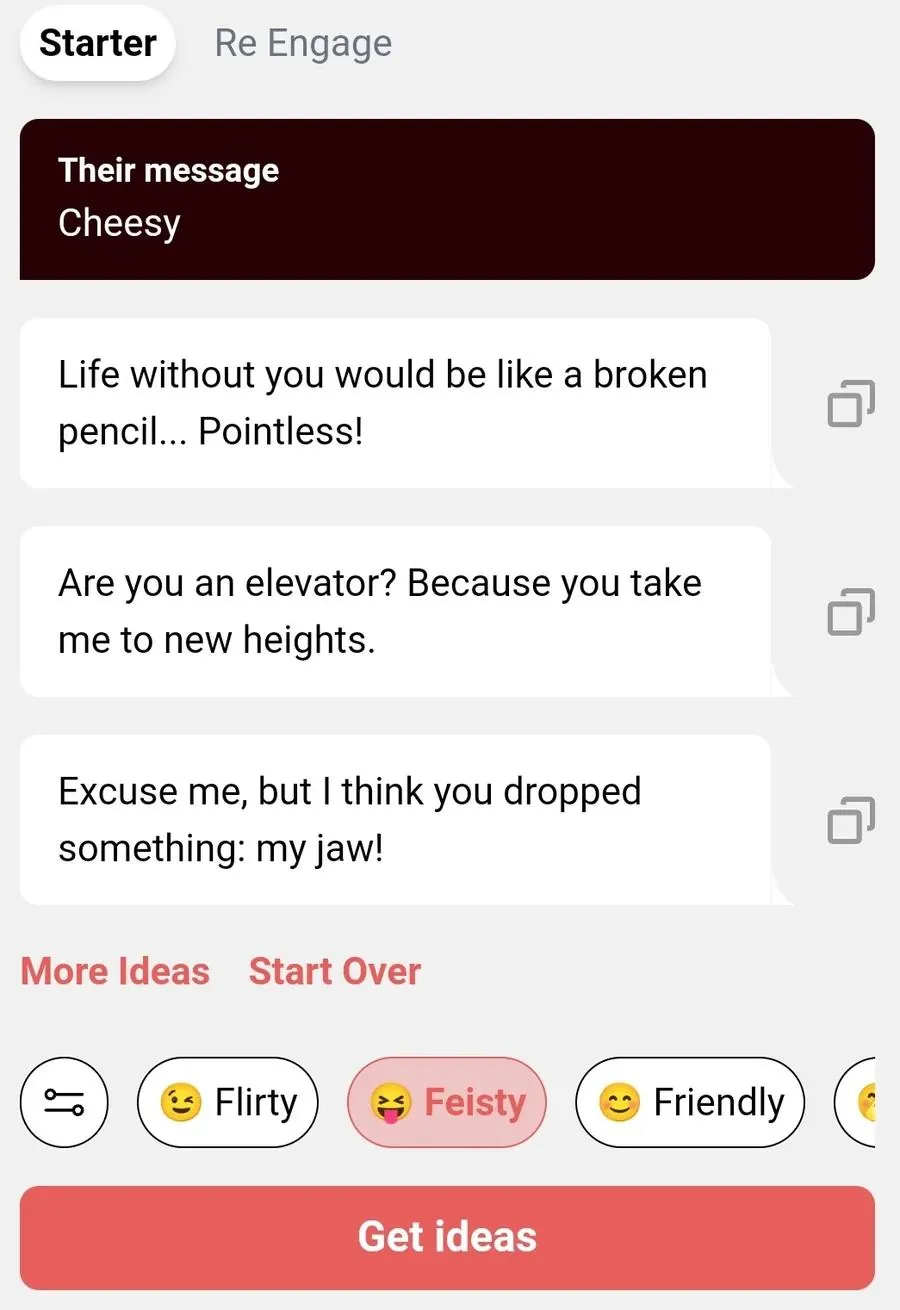 Screenshot des Chat Assistant von YourMove AI mit drei vom Tool generierten kitschigen Anmachsprüchen