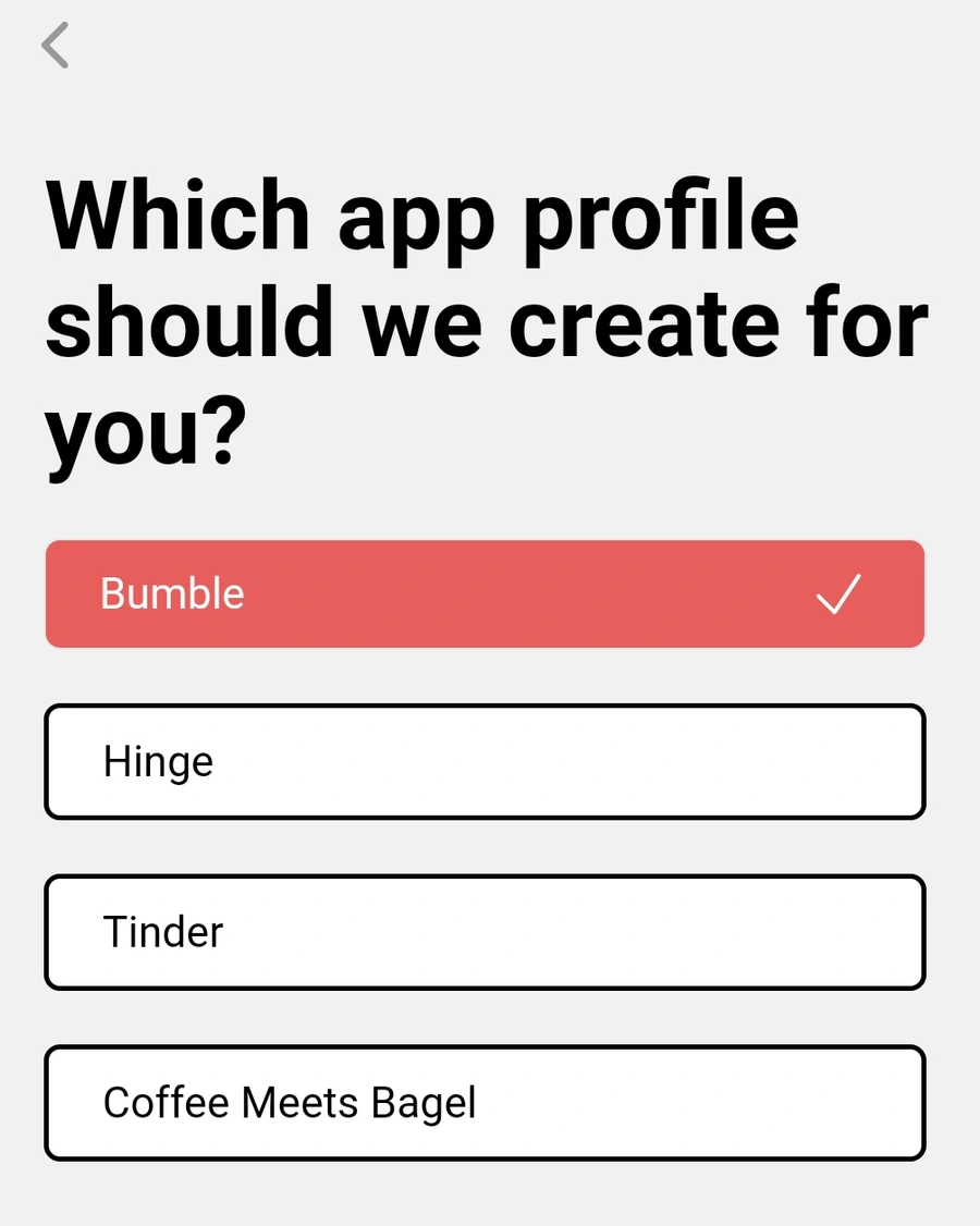 Screenshot of YourMove AI's Profile Writer showing the different dating apps supported by the tool