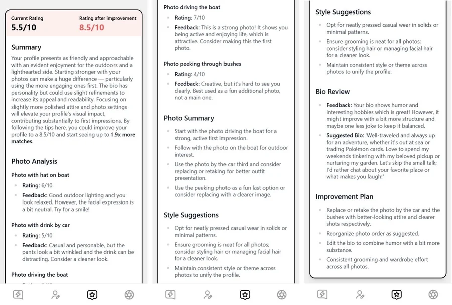 YourMove AI’s summary and photo analysis review of a Tinder profile